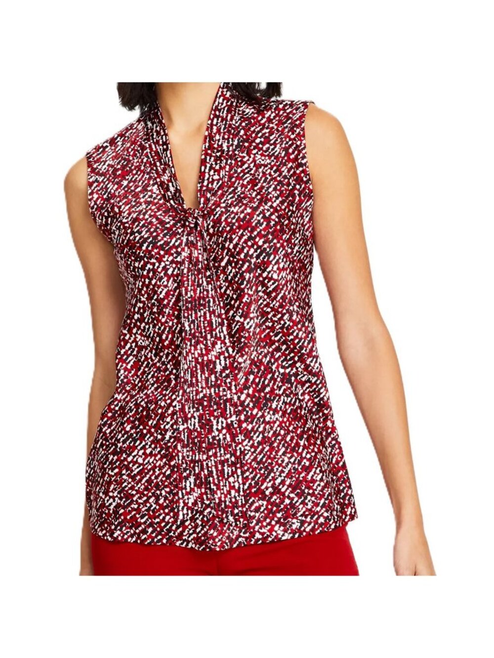 Kasper Womens Printed Tie-Neck Silk Feel Blouse Fire Red Multi Size Large NWT